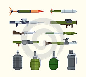 Military weapons. Items for army heavy artillery flying bombs launchers of granade steel bazookas explosive detonators photo