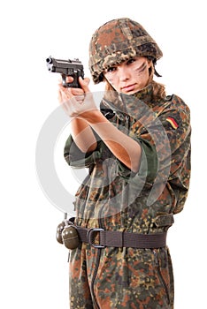 Military woman aiming