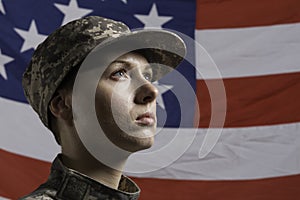 Military woman in front of US flag, vertical Military woman in front of US flag, horizontal