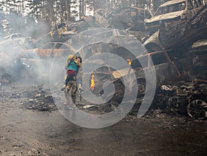 Military woman helping the child to evacuate