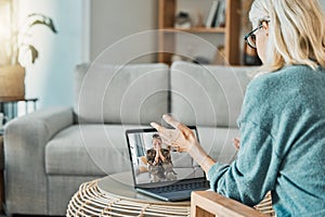 Military woman in video call with psychologist for mental health problem, anxiety and trauma with laptop screen virtual