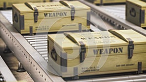 Military wooden crate with weapon on conveyor belt. Weapon production. Looped 3d animation