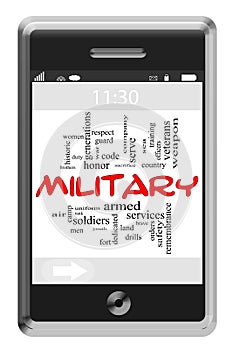 Military Word Cloud Concept on Touchscreen Phone