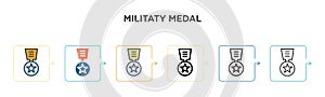Militaty medal vector icon in 6 different modern styles. Black, two colored militaty medal icons designed in filled, outline, line