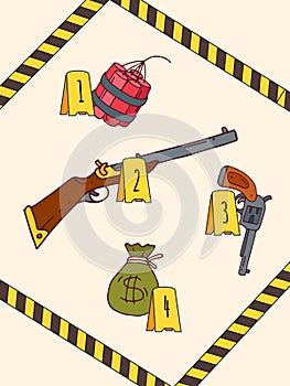 Militia surround crime scene, dangerous item weapon, explosives and money bag flat vector illustration. Police force photo