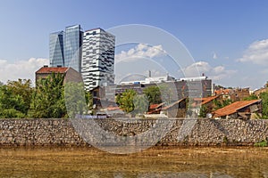 Miljacka river and buildings in Sarajevo, Bosnia and Herzegovina