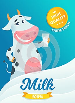 Milk advertizing. Smiling cow standing with glass of fresh farm milk in package healthy vitamin milkshake splash vector