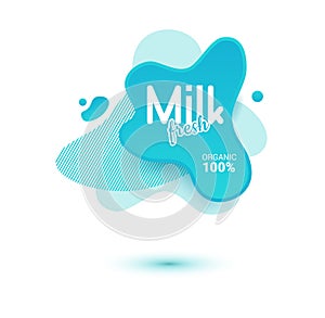 Milk badge and dairy labels with splashes and bolts. Milk badge with drop and splash for labels of package. Liquid