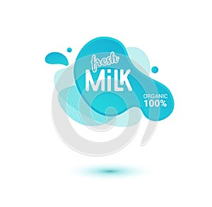 Milk badge and dairy labels with splashes and bolts. Milk badge with drop and splash for labels of package. Liquid