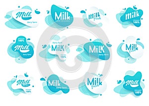 Milk badge and dairy labels with splashes and bolts. Milk badge with drop and splash for labels of package. Liquid