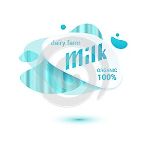 Milk badge and dairy labels with splashes and bolts. Milk badge with drop and splash for labels of package. Liquid amoeba shapes