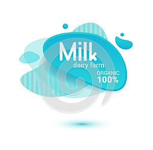 Milk badge and dairy labels with splashes and bolts. Milk badge with drop and splash for labels of package. Liquid amoeba shapes