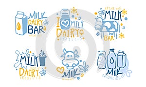 Milk Bar Logo Design Set, Natural Healthy Dairy Products Badges, Labels Cartoon Vector Illustration