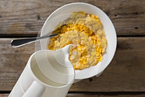 Milk being poured into bowl of wheaties cereal