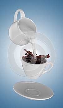 Milk being poured into small cup of coffee. 3d