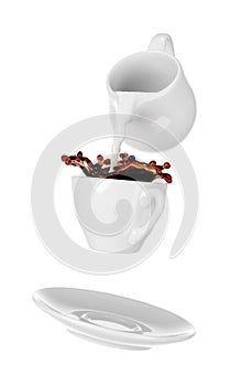 Milk being poured into small cup of coffee. Isolated white background