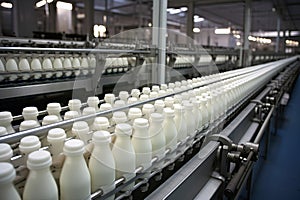 Milk bottle conveyor. Generate Ai