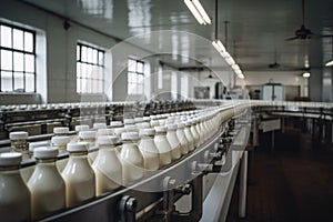 Milk bottle conveyor line. Generate Ai