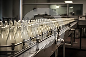 Milk bottle conveyor machine. Generate Ai