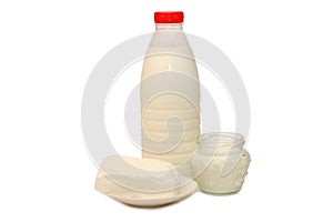 Milk bottle, cottage cheese and sour cream photo