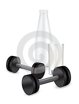 Milk Bottle with Glass. 3D Mock up Realistic Plastic Shaker and Dumbbell in Vector with Water and Drink. Healthy and Sport Concept