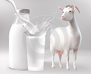 Milk bottle with milk splash and white goat. 3d illustration