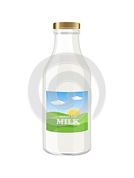 Milk bottle packaging with pattern of meadows, sky, sun and clouds and inscription Lactose free Milk, vector illustration on white