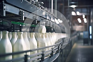 Milk bottles on a conveyor belt in a modern dairy factory