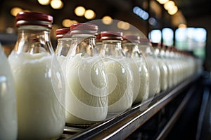 Milk bottles glide along the conveyor in the bustling dairy plant