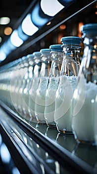 Milk bottles glide along the conveyor in the bustling dairy plant
