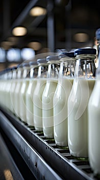 Milk bottles glide along the conveyor in the bustling dairy plant