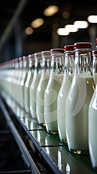 Milk bottles glide along the conveyor in the bustling dairy plant