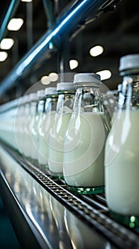 Milk bottles glide along the conveyor in the bustling dairy plant
