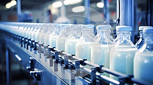 Milk bottles in a milk factory. Milk bottling line at dairy production plant.