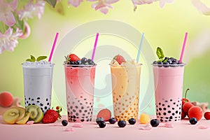 Milk bubble tea in transparent plastic cups with straws standing in line on blush pink background. Summer background with berries