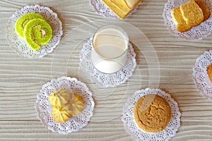 Milk Butter Bread Cake Roll Cookie and Cupcake Garlic Bread on White Wooden Table