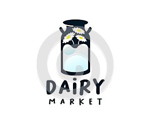 Milk can with milk and flowers, logo design. Dairy, food, cow farm and rancho, vector design photo