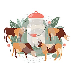 Milk can and grazing cows. Cow silhouette made of multi-colored segments. Vector illustration.