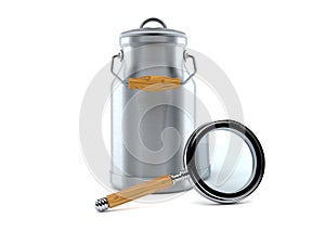 Milk can with magnifying glass