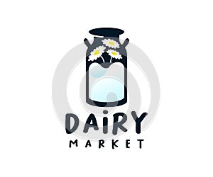 Milk can with milk and flowers, logo design. Dairy, food, cow farm and rancho, vector design