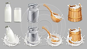 Milk can and splash. Natural dairy products. vector icon set photo