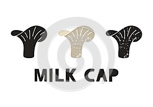 Milk cap mushroom, silhouette icons set with lettering. Imitation of stamp, print with scuffs. Simple black shape and color vector
