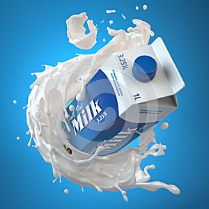 Milk carton box or packaging of milk and splash of milk on blue background