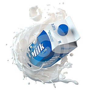 Milk carton box or packaging of tetra pack and splash of milk isolated on white