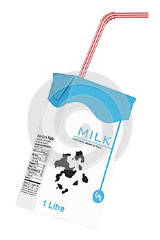 Milk Carton Box with Red Striped Straw. 3d Rendering