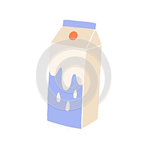 Milk in carton pack. Pasteurized dairy product in abstract cardboard package. Fresh cream in paper box. Colored flat photo