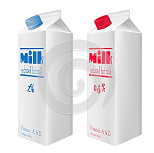 Milk cartons with cap. Reduced fat milk