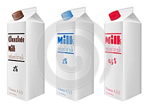 Milk cartons with cap. Reduced fat milk. Chocolate milk