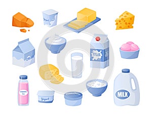 Milk. Cartoon dairy products. Yogurt and cream bottles. Cheese or butter pieces. Milky meal collection. Isolated curd bowl. Food