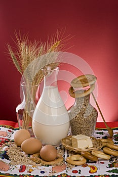 Milk, cereals, grains, butter and eggs.